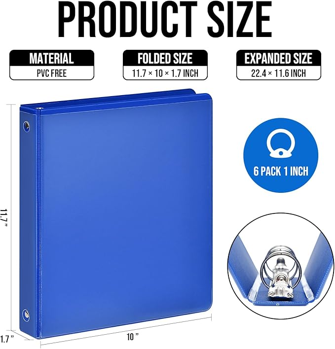 3 Ring Binder 1 Inch, IntoJoy 6 Pack Clear View 3 Hole Binder PVC-Free Fits 8.5x11 Inch Paper Flexible Round Ring Binders for School Office Home Binder Supplies (Blue)
