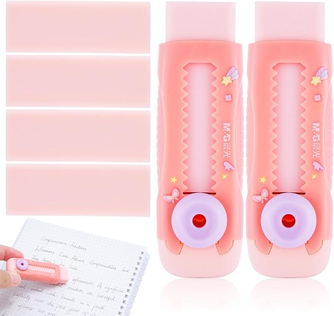 M&G 2+4 Pack Rubber Erasers Sliding Retractable Eraser, 2 Pack Cute Erasers Push Pull Large Pencil Eraser with Plastic Sleeve and 4 Refill Erasers for Students, School Office Supplies (Pink Unicorn)