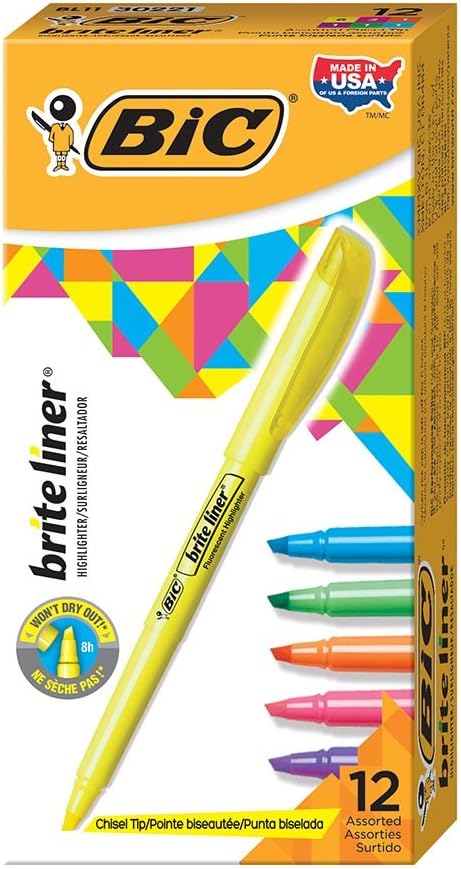 BIC Brite Liner Highlighter, Chisel Tip For Broad Highlighting and Fine Underlining, Assorted Colors, 12-Count (Pack of 18, 216 Count Total)