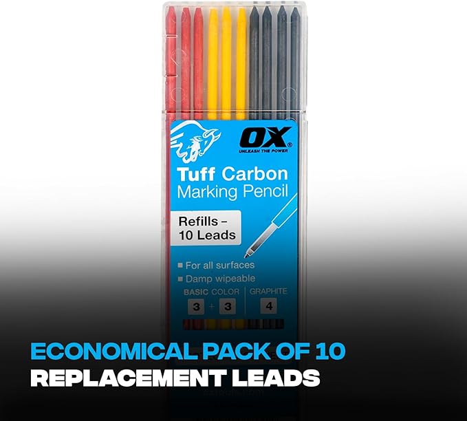 OX Tools Tuff Carbon Marking Pencil Replacement Lead 10-Pack with Red, Yellow & Graphite Lead, 2.8 mm lead, OX-P503202