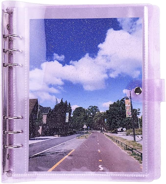 Purple Giltter PVC Kpop Photocard Binder Loose Leaf 6-Ring Wide A5 Photocards Holder with 8 Inch 50 Pockets Photo Pages Transparent Card Sleeve Protectors Page for Photos Cards Album Folder Organizers