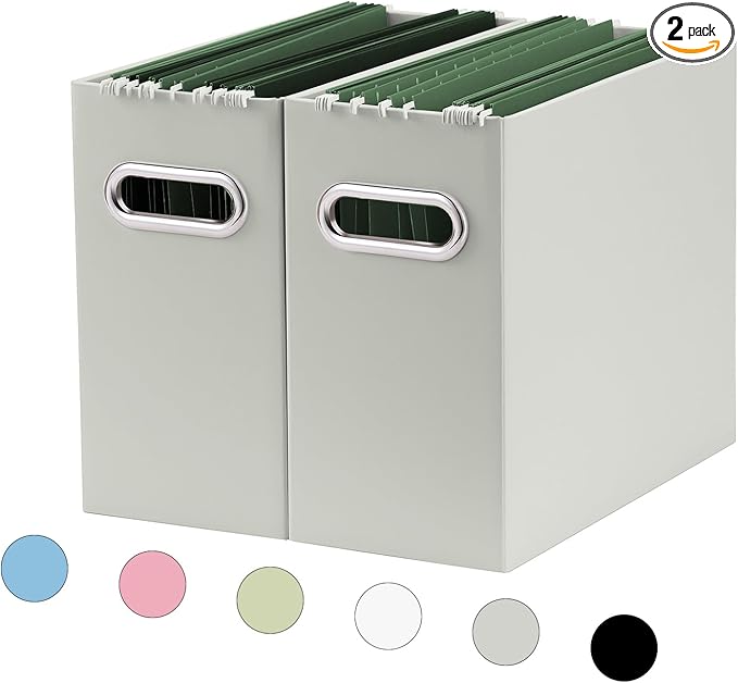 Oterri File Organizer, Small Storage Box, Cardboard File Folder Organizer, Collapsible File Box, Hanging File Organizer for Letter Size, Portable File Box with Handle, Only Box (Grey, 2 Packs)