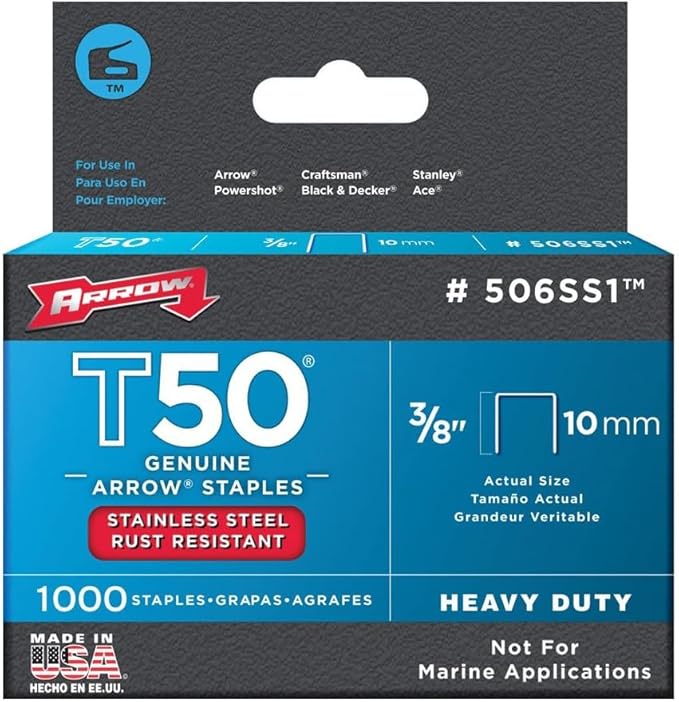 Arrow Fastener 506SS1 Heavy Duty T50 Stainless Steel Staples for Upholstery, Construction, Furniture, Crafts, 3/8-Inch Leg 3/8-Inch Crown Size,Length, 1000 Count (Pack of 1)