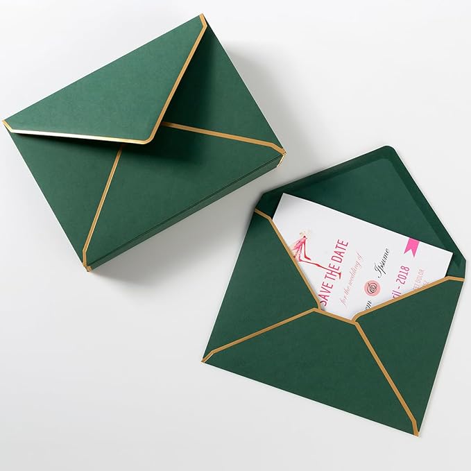 50 Pack A4 Envelopes Dark Green 4x6 Self-Adhesive V Flap Envelopes with Gold Border for Office, Wedding Gift Cards, Invitations, Graduation, Baby Shower, Parties (4.25x6.25 inches)