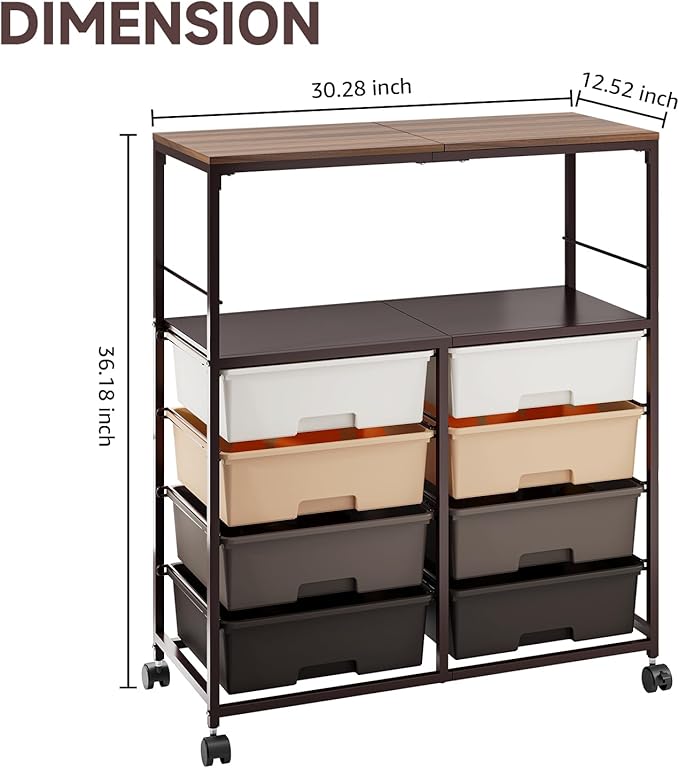 8 Drawers Rolling Storage Cart with Wooden Top, Multipurpose Utility Cart with Opening Shelf & Lockable Wheels, Storage Drawer Cart Organizer for Home Office Craft Room Classroom, Brown
