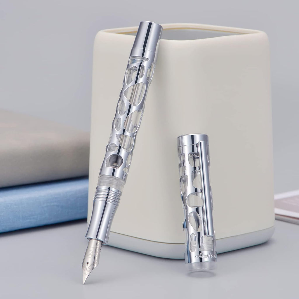 Asvine V169 Vacuum Filling Fountain Pen Extra Fine Nib, Water Drop Skeleton Transparent Clear Acrylic Pen Case Set