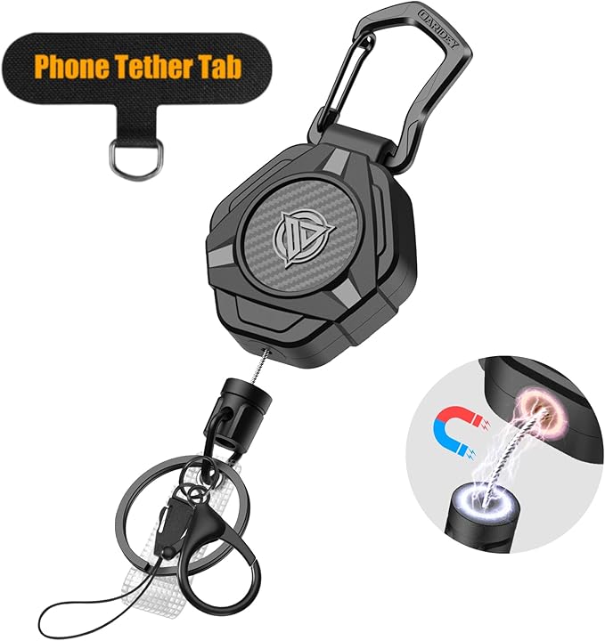 Oaridey Magnetic Retractable Keychain, Heavy Duty Carabiner Badge Holder with Phone Tether Tabs, Tactical ID Badge Reel with 31.8'' Coated Steel Cord and Lobster Clasp, Bearing 10.0 oz - 1 Pack