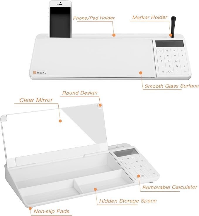 SELEAD Desktop Glass Whiteboard with Calculator & Built-in Mirror, Dry Erase White Board Computer Pad Keyboard Stand with Organizer Drawer, Desk Accessories for Home, School, Office