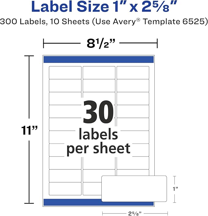 Avery Address Labels with Sure Feed and Easy Peel Technology, Glossy White Labels, 1" x 2-5/8", Permanent Adhesive, Laser/Inkjet, 300 Glossy Labels (6525)