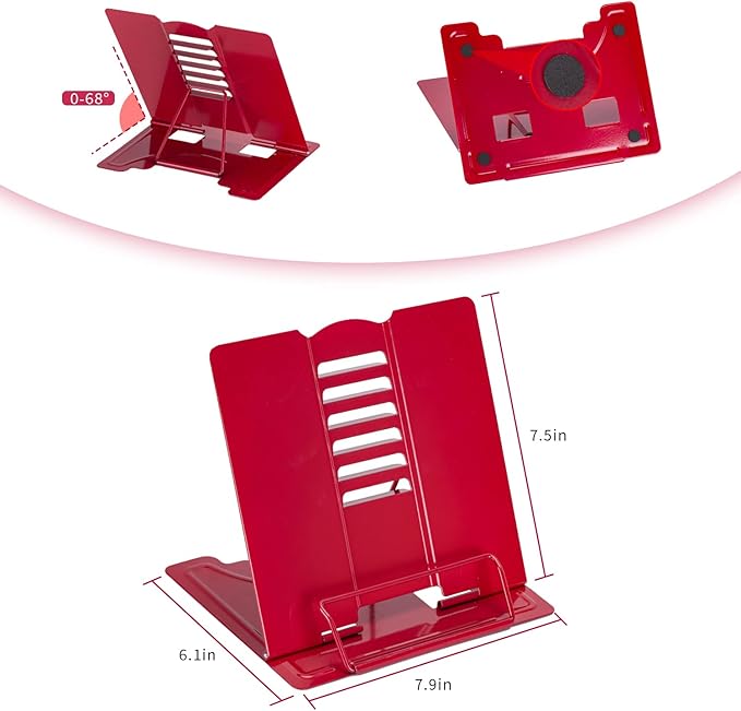 Full Red Metal Book Stand - Adjustable Book Holder for Reading