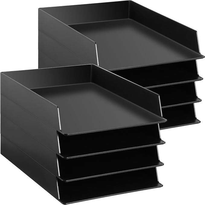 Wenqik 8 Pcs Stackable Paper Trays Rectangular Plastic Desk Tray Holder Desktop Document File Paper Organizer Plastic Storage Letter Tray for Office Classroom, Black