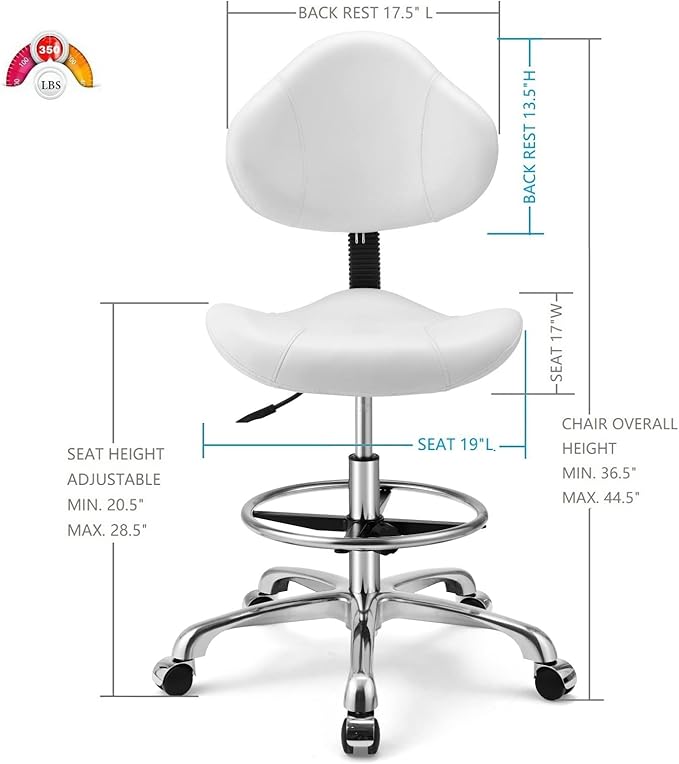 Kaleurrier Ergonomic Drafting Chair with Back Support,Multi-Functional Height Adjustable Swivel Rolling Stool,Multi-Purpose Home Office Desk Chair (White)