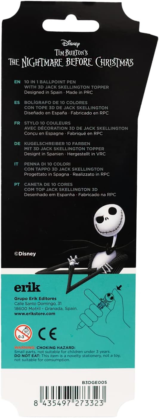 Grupo Erik Disney Pen - The Nightmare Before Christmas | 10 in 1 Ballpoint Pen with 3D Jack Skellington Topper | Nightmare Before Christmas Gifts | Disney Gifts | Disney Pen