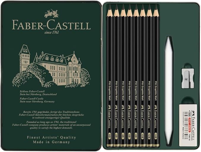 Faber-Castell Pitt Graphite Matte Pencil Set, Metal Tin of 8 Graphite Pencils and Sketching Accessories (HB, 2B, 4B, 6B, 8B, 10B, 12B, 14B), Pencil Sharpener, Eraser and Blending Stump