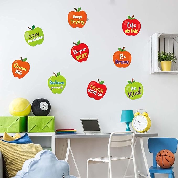 BeYumi 45 Pcs Apples Positive Sayings Accents Cutouts for Classroom Bulletin Board Decoration Inspirational Motivational Quotes Name Tags Wall Decals Creative Back to School Educational Materials