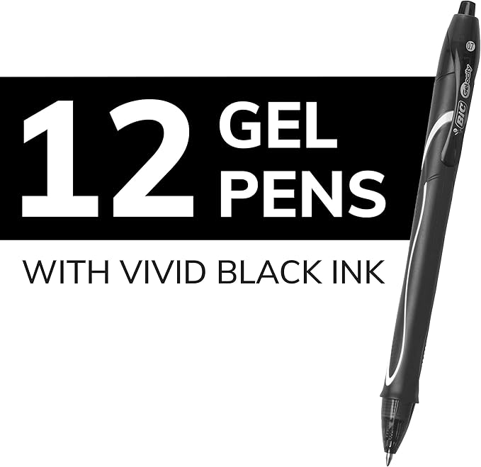 BIC Gelocity Quick Dry Black Gel Pens, Medium Point (0.7mm), 12-Count Pack, Retractable Gel Pens With Comfortable Full Grip
