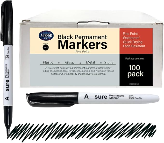 100 Pack Black Permanent Felt Waterproof Markers, Fine Point, Fade Resistant, Writes on Plastic, Metal, Glass, and Stone.