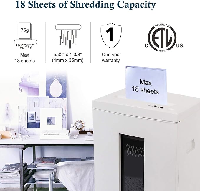 WOLVERINE 18-Sheet Shredders for Home Office Heavy Duty P-4 Security Level Crosscut Paper Shredder Paper/CD/Card Ultra Quiet Paper Shredder for Home with 6 Gallons Pullout Waste Bin SD9113(White ETL)