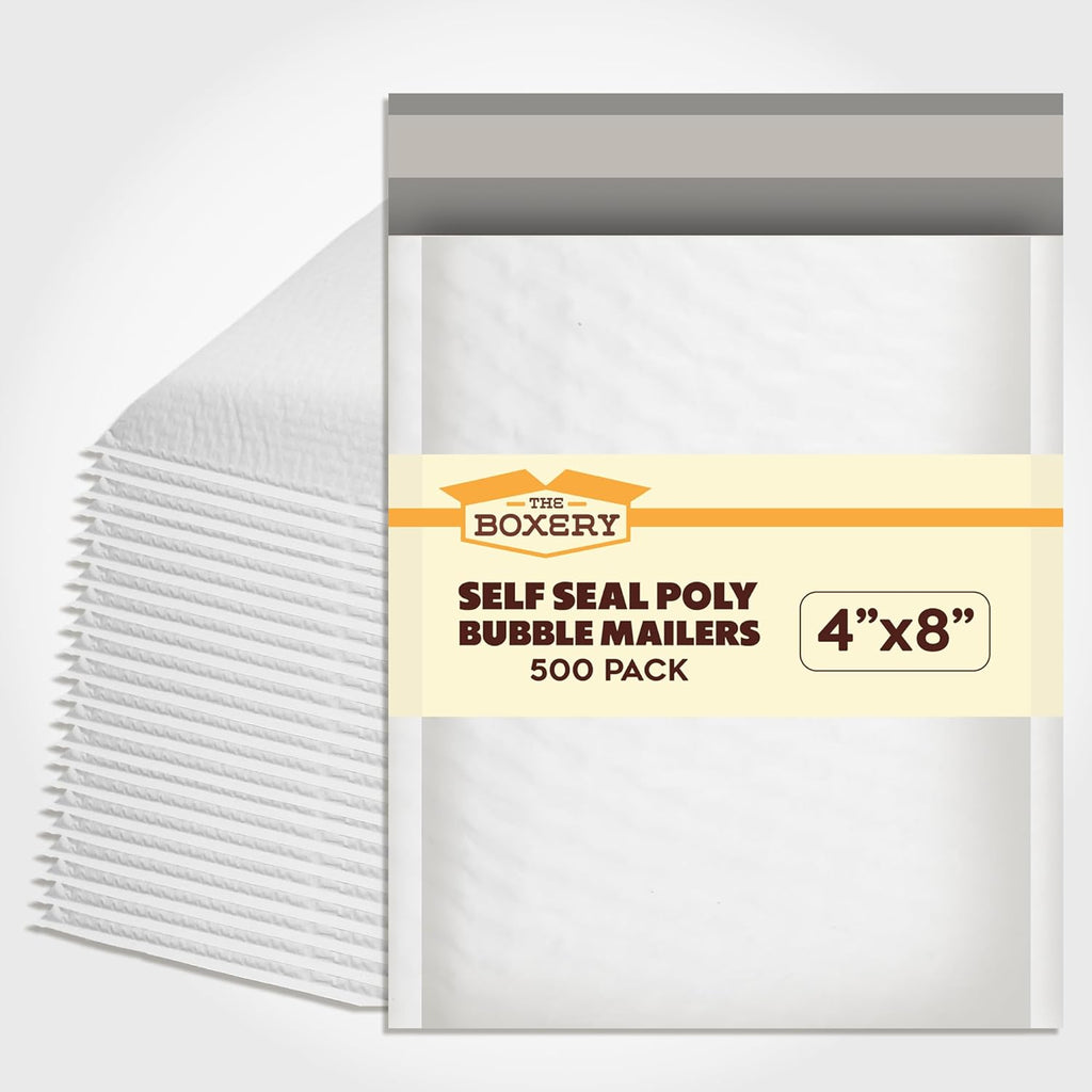 The Boxery 4x8''|#000 Poly Bubble Mailers- 500 Pack, Padded Envelopes, Self Seal, Waterproof Shipping Bags, Padded Mailers for Shipping & Packaging