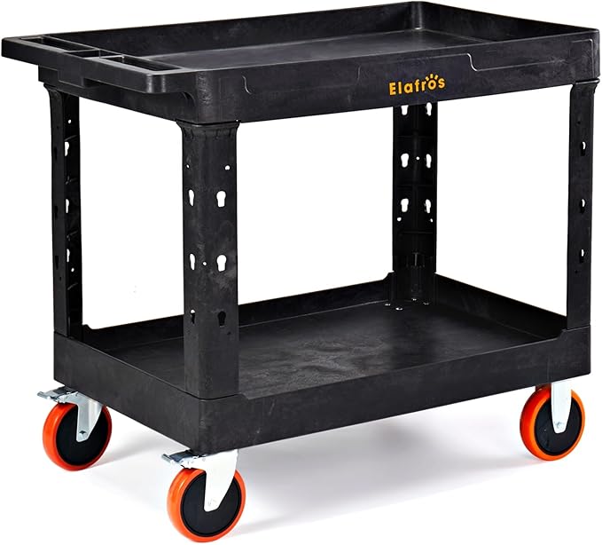 ELAFROS Extra Large Heavy Duty Utility Cart 39.9 x 24.6 Inch - Work Cart Big 2-Tier Plastic Rolling Service Cart with Deep Shelves, 6 Inch Casters, 550 lbs Capacity, Black