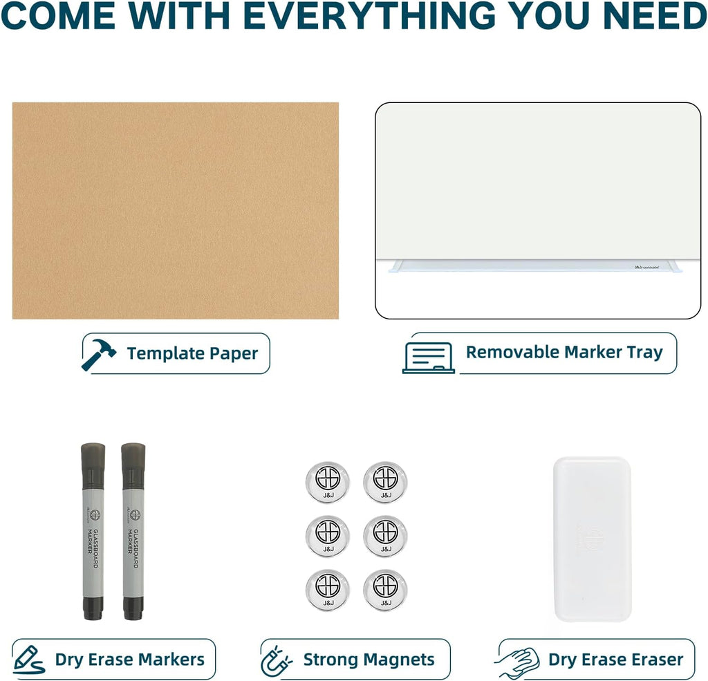 J&J worldwide Glass Dry Erase Board 6' x 4', Glass Whiteboard Magnetic, Large Frameless Glass White Boards for Walls, Includes Magnets, Marker Tray, Eraser for Office, Home, School