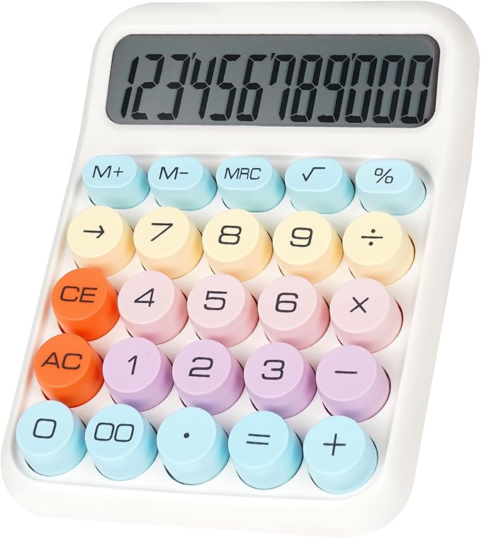 Mechanical Switch Calculator with Big Buttons, Calculators Desktop, 12 Digits, Large LCD Display, Desk Calculator, Cute Pink Calculator for Teachers Students Basic Office (White)