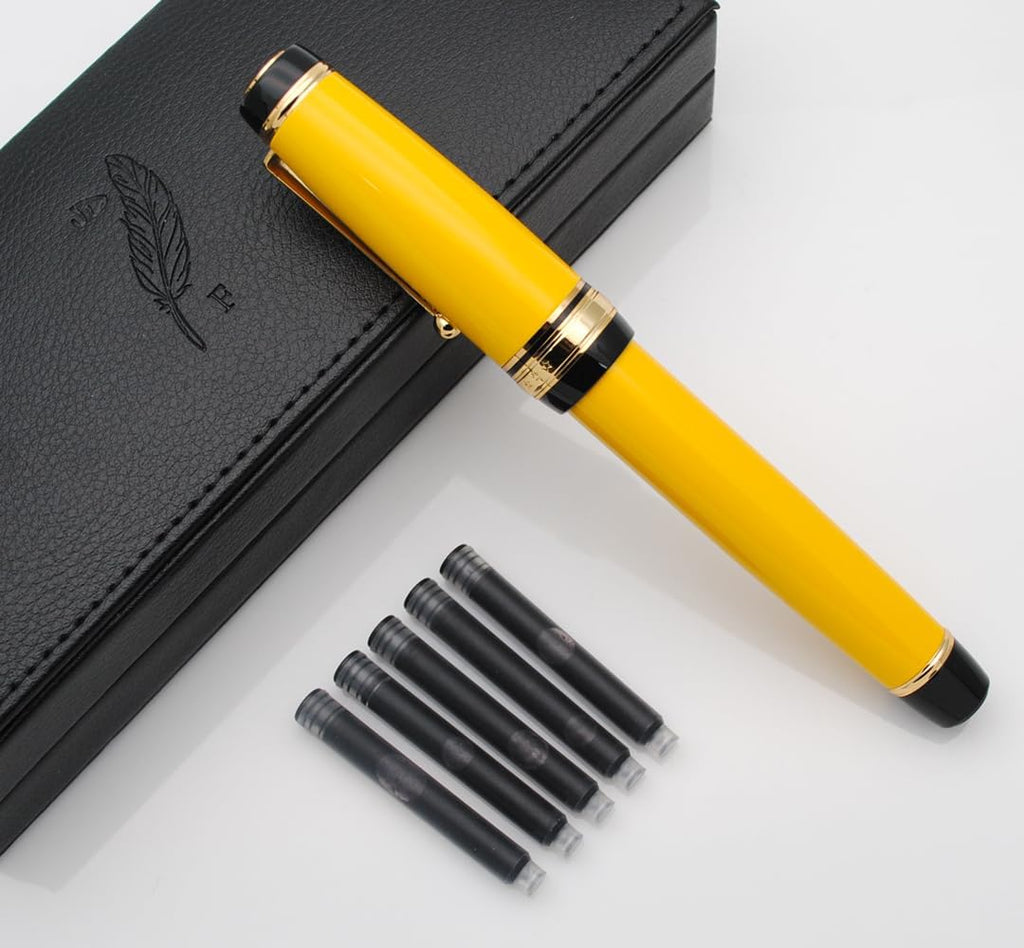 Metal Big Fountain Pen Set Medium Nib 0.7mm, Includes Ink Refill Converter, 5 Ink Cartridges & Gift Box (Medium Nib 0.7mm, Yellow)
