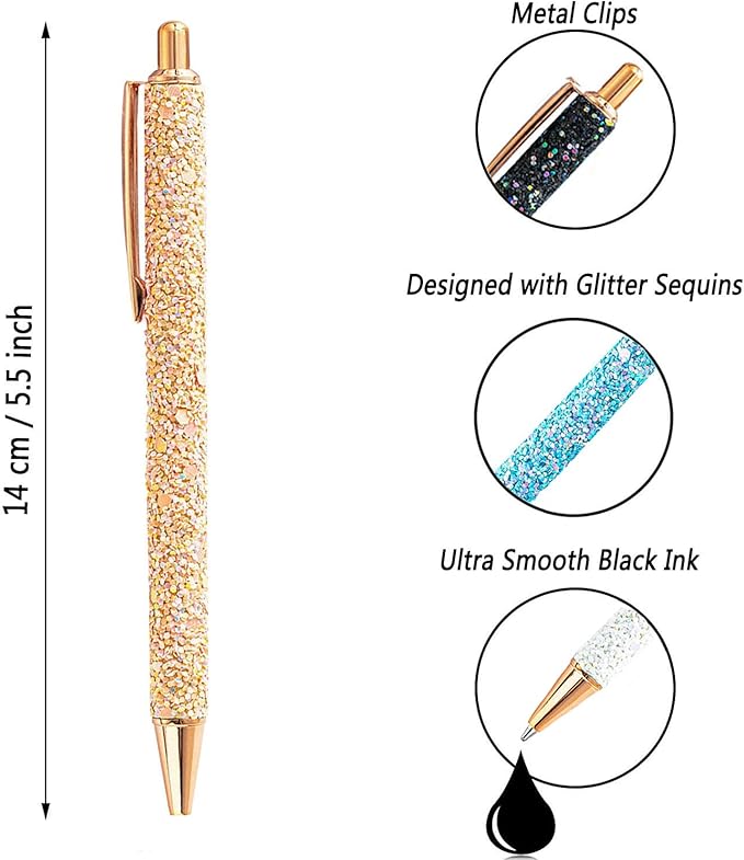 9 Pcs Fancy Pens for Women Glitter Colorful Ballpoint Pens Metal Retractable Pens Black Ink Medium Point 1.0 mm Pretty Cute Sequins Pens Journaling Pens for Women Girls (Classic style)