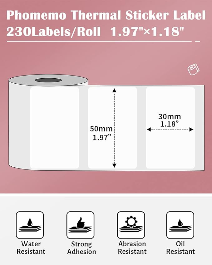 Phomemo Thermal Sticker Label for M110/M221/M220/M120/M200 Label Printer,1.97"x1.18"(50x30mm), 230 Labels/Roll, Black on White