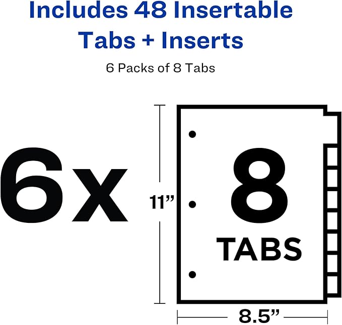 Avery Big Tab Insertable Extra Wide Dividers for 3 Ring Binders, 8-Tab Sets, Clear Tabs, 6 Sets (21940)