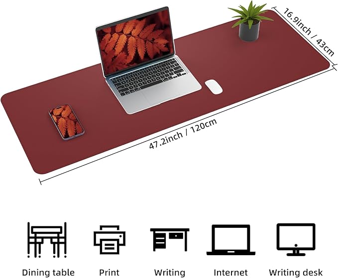 Leather Desk pad Protector, Large Desk mat with Natural Cork & PU Leather,Mouse pad,Non-Slip Office Desk Mat,Waterproof Desk Writing Pad for Office and Home (47in*17in, red)