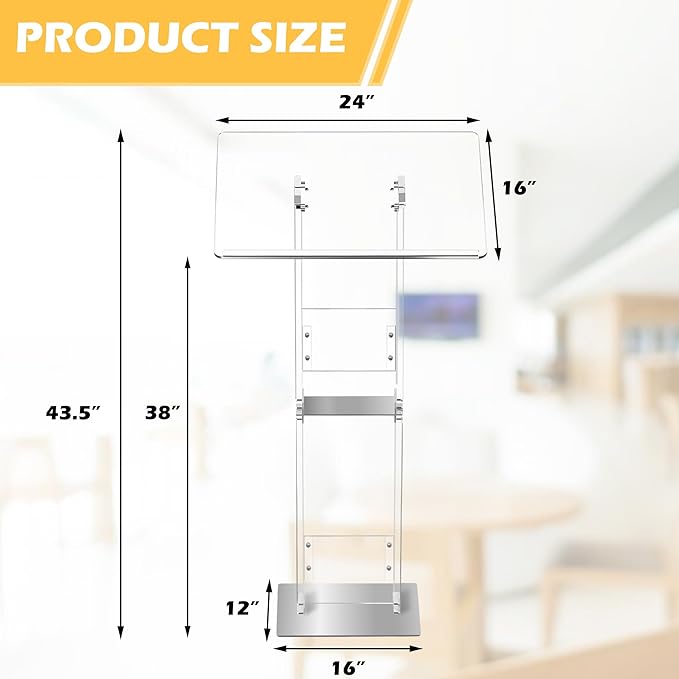 Podium Stand, Lecterns & Podiums, Acrylic Adjustable Angles with Metal Base, Podium for Church, Weddings, Classroom, Speech, 24" L x 16" W x 43.5" H, Clear