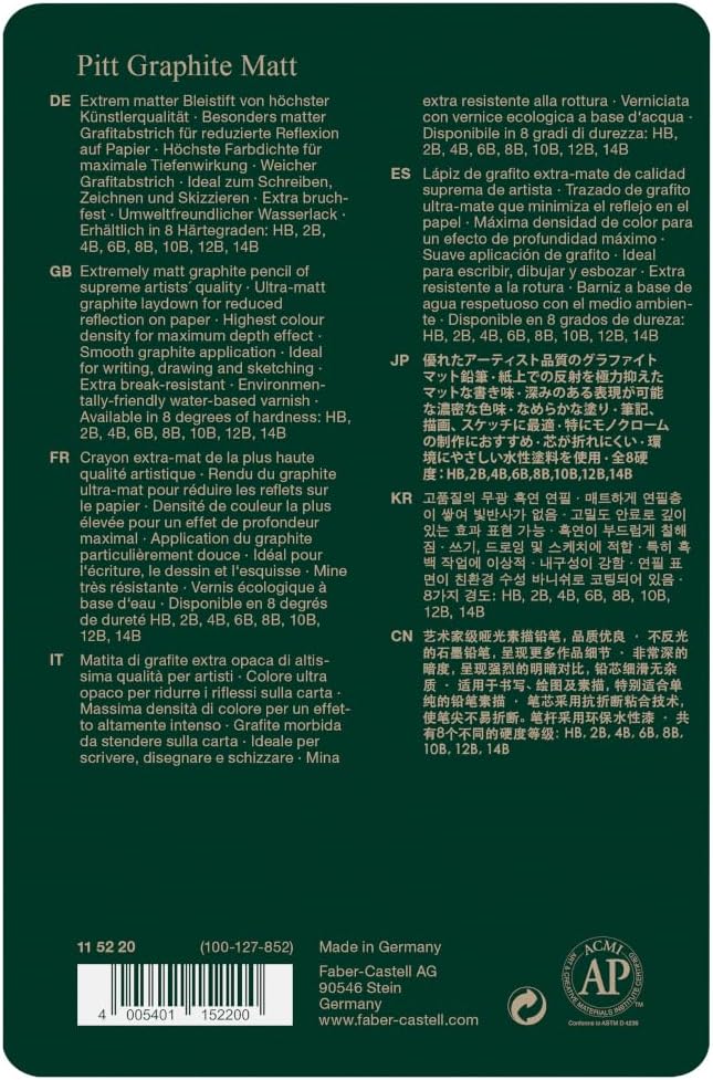 Faber-Castell Pitt Graphite Matte Pencil Set, Metal Tin of 8 Graphite Pencils and Sketching Accessories (HB, 2B, 4B, 6B, 8B, 10B, 12B, 14B), Pencil Sharpener, Eraser and Blending Stump