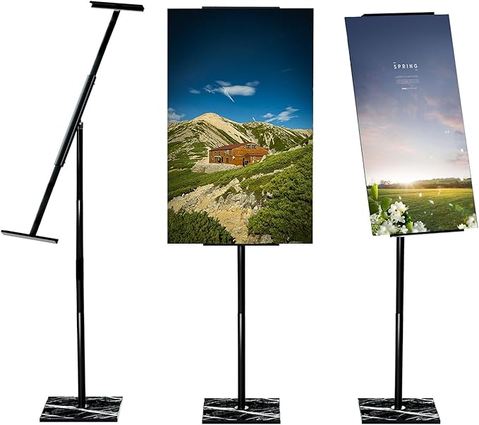 Poster Holder Stand with Marble Base, Floor Standing Sign Holder, Adjustable Height Up to 61.5 Inch, 360°Rotation Display Stand for Indoor & Outdoor Many Occasion