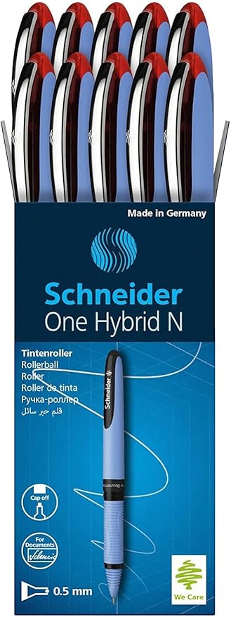 Schneider One Hybrid N Rollerball Pen, 0.5 mm Hybrid Needle Tip, Light Blue Barrel, Red Ink, Box of 10 Pens (183502)
