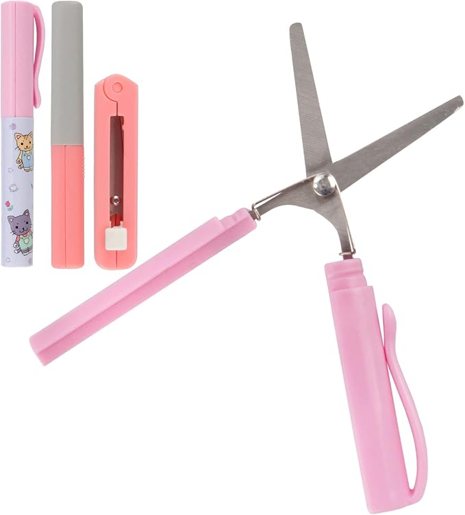 JubileeYarn Portable Travel Safety Scissors, Pen & Push Folding Style - Garden Kitty Pen, Pink Pen, Pink Push