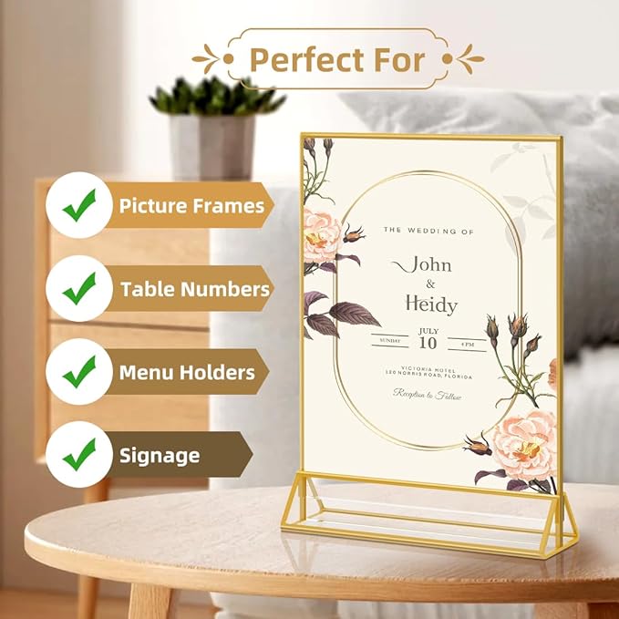 8X10 Gold Frames Double Sided Acrylic Sign Holder Tabletop Picture Frames Vertical Display Stand for Photos Wedding School Home ,Set of 6