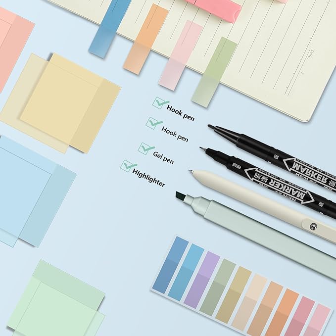 Jutom 39 Pcs Aesthetic Book Annotation Kit Pencil Case Bag with Highlighter Gel Pen 700 Sheets Transparent Sticky Notes Pads Index Tab Bible Study Supplies for School(Pink,Cute Style)