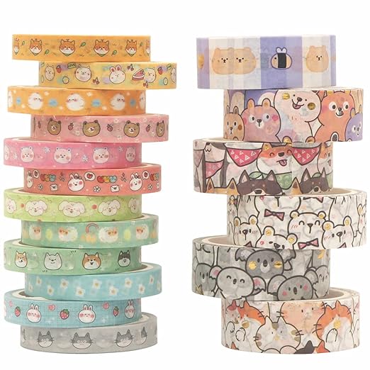 YUBX Cute Pets Washi Tape Set 18 Rolls Skinny Gold Embellishment Decorative Masking Tapes for Arts, DIY Crafts, Journals, Planners, Scrapbook, Wrapping (Puppies) (Puppies)