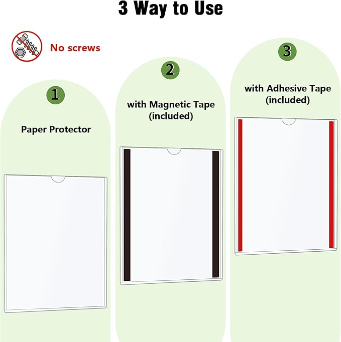 10 Pcs Wall Sign Holder 8.5"x11" Magnetic Sign Holder, Rigid Print Protectors with Adhesive & Magnetic Tapes, Wall Mount Plastic Paper Holder for Office Store Home Window Display (Clear)