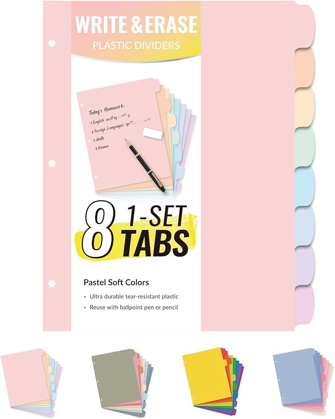 Sooez 8-Tab Durable Plastic Write & Erase Big Tab Dividers for 3 Ring Binder, Aesthetic Cute Pastel Binder Dividers for Student, Teacher, Office, Home Organizers, 1 Set, Pastel