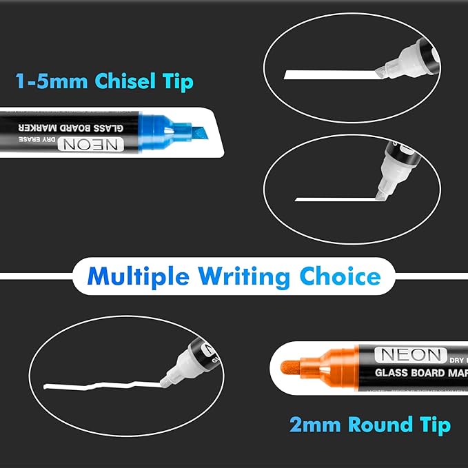 maxtek Neon Dry Erase Markers for Glass,Window Markers for Dry Erase Board,Chalkboard,LED Note Board,Acrylic Refrigerator Calendar,Chisel Tip,Low Odor,Assorted Colors,9 Count