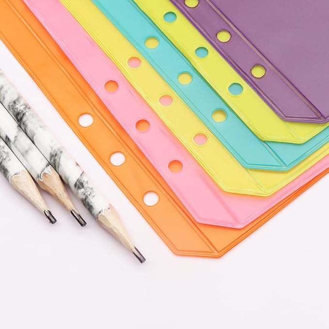 Colorful PVC Binder Pockets 12pcs A5 Binders Zipper Pouch Bag Loose Leaf 6 Holes PVC Zip Organizer Folder for Journal Budget Filing Pocket Bags