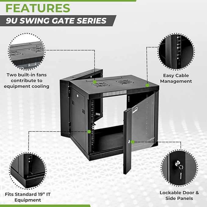 NavePoint Server Cabinet with Hinged Back - 21.6' Deep, 9U Rack Enclosure with Locking Glass Door, Wall Mount Rack with Removable Side Panels, Network Cabinet with 2 Fans, Pre-Assembled