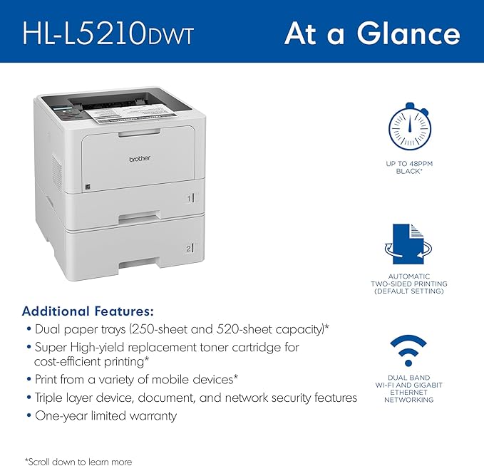Brother HL-L5210DWT Business Monochrome Laser Printer with Dual Trays, Wireless and Gigabit Ethernet Networking, Duplex Printing, Large Paper Capacity, and Mobile Printing, White