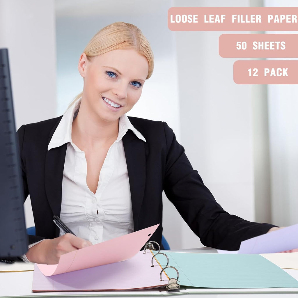 PerKoop 12 Pack 600 Sheets Colored Lined Paper Bulk Wide Ruled 8 x 10.5 Inches, Pastel Loose Leaf Notebook Paper 3 Hole Punched Filler for Back School Classroom Supplies(Fantasy Color)