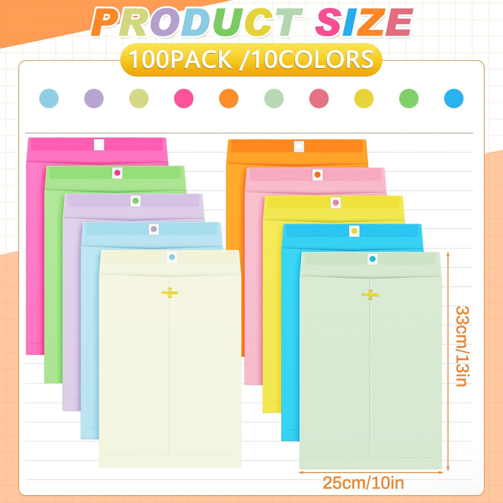 Geyee 100 Pcs Clasp Manilla Envelopes 10 x 13 Inch Gummed Colored Envelopes for Storing or Mailing for Home Office Business Supplies(Multicolor)