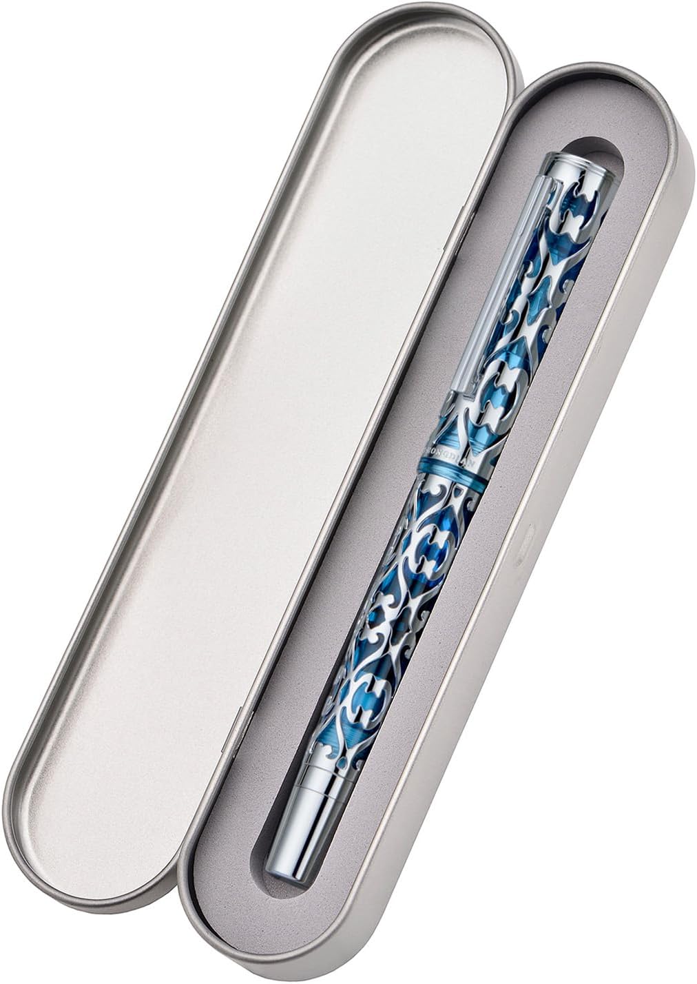 Hongdian D1 Piston Fountain Pen Fine Soft Nib, Silver Blue Hollow Skeleton & Resin Pen with Metal Case Set