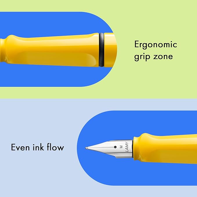LAMY safari yellow - Fountain Pen with ergonomic grip & polished steel nib in size B - ideal for any Writing & Calligraphy - including LAMY T 10 blue cartridge - Right-Handed
