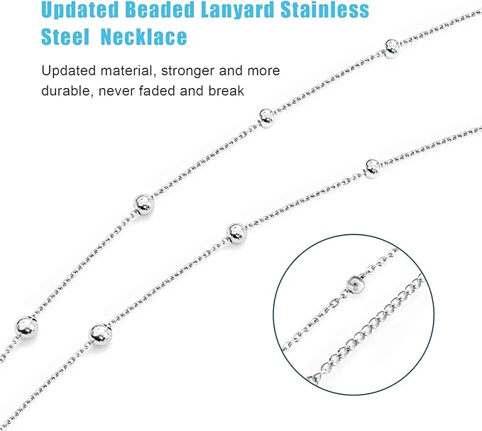 Retractable Badge Reel Lanyard with 2 Pieces ID Holder for Women, Vzrflee Fashion Beaded Chain Premium Stainless Steel Lanyard Necklace Water Resistant Name Badge Holder